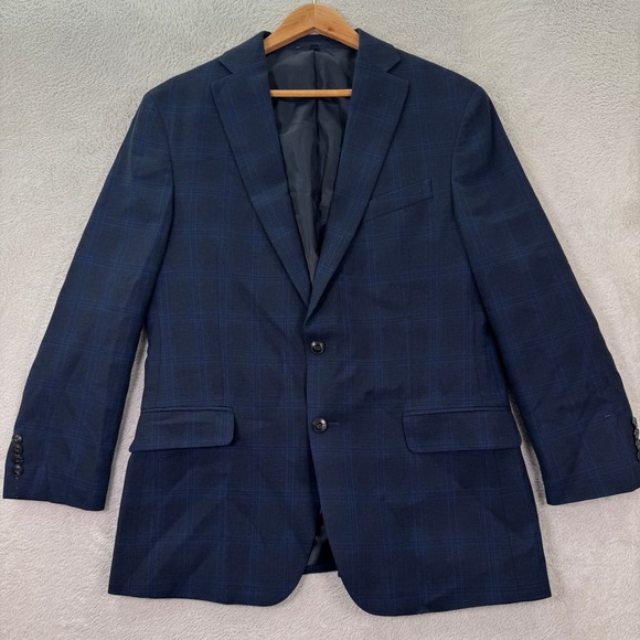 Jos A Bank 1905 Mens 42R Slim Fit Plaid Wool Linen Blend Sport Coat Blazer Navy